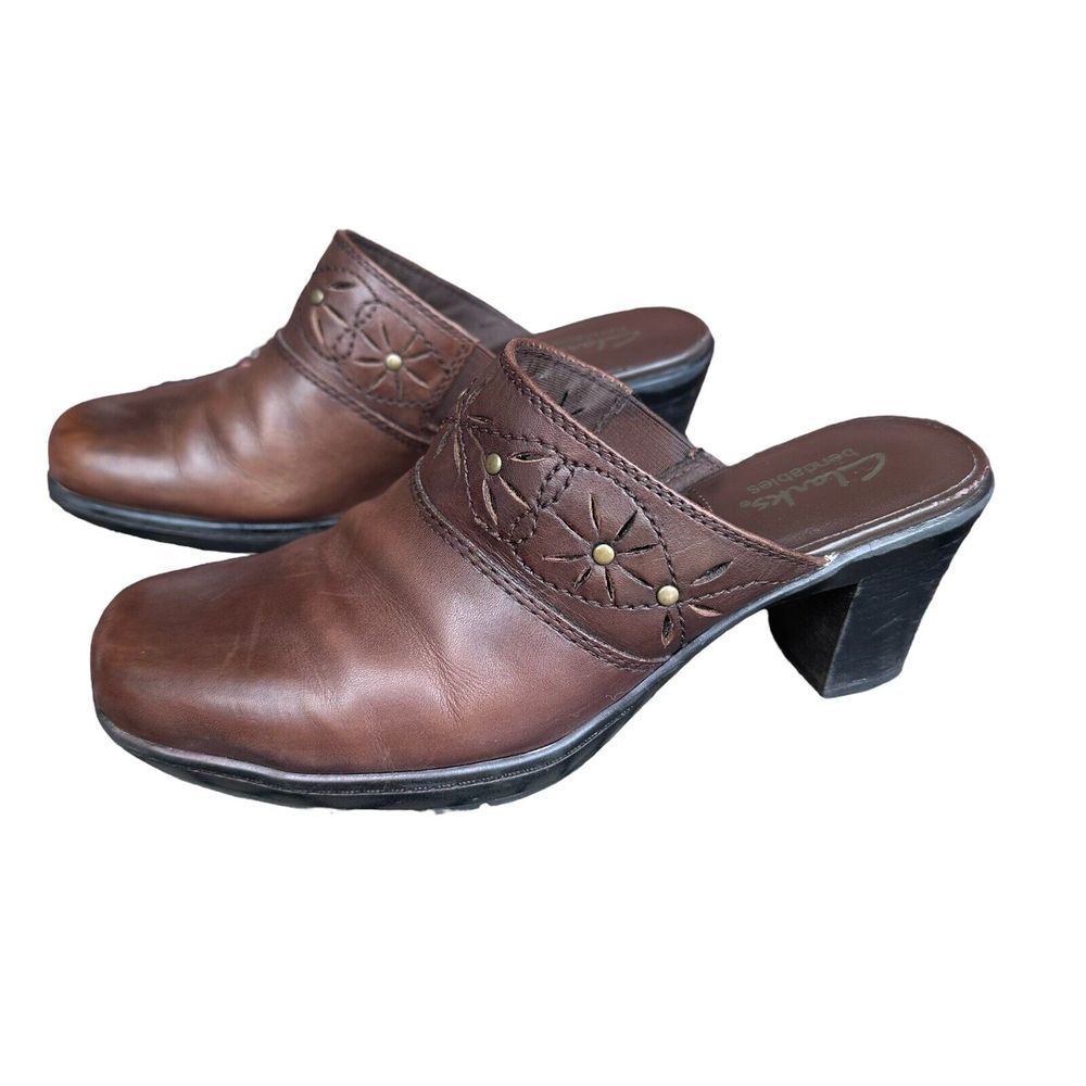 Clarks Bendables Women's Size 6 Shoes Brown Leather Mules Comfort Career Heeled